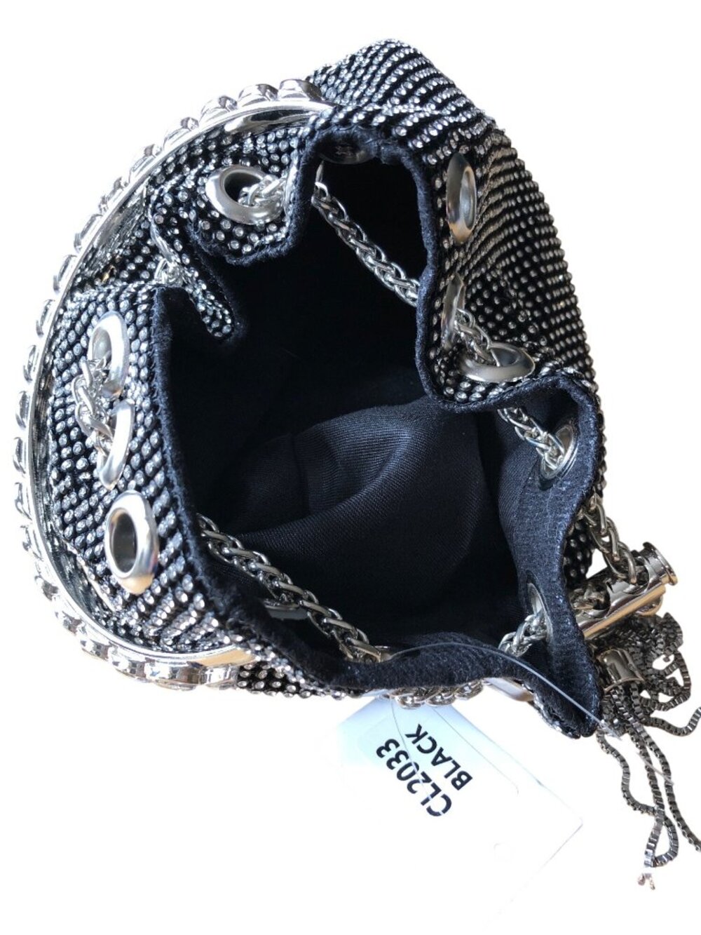 Black Rhinestone Bucket Bag Chain Handle Crossbody Strap Evening Formal Purse - Picture 3 of 11